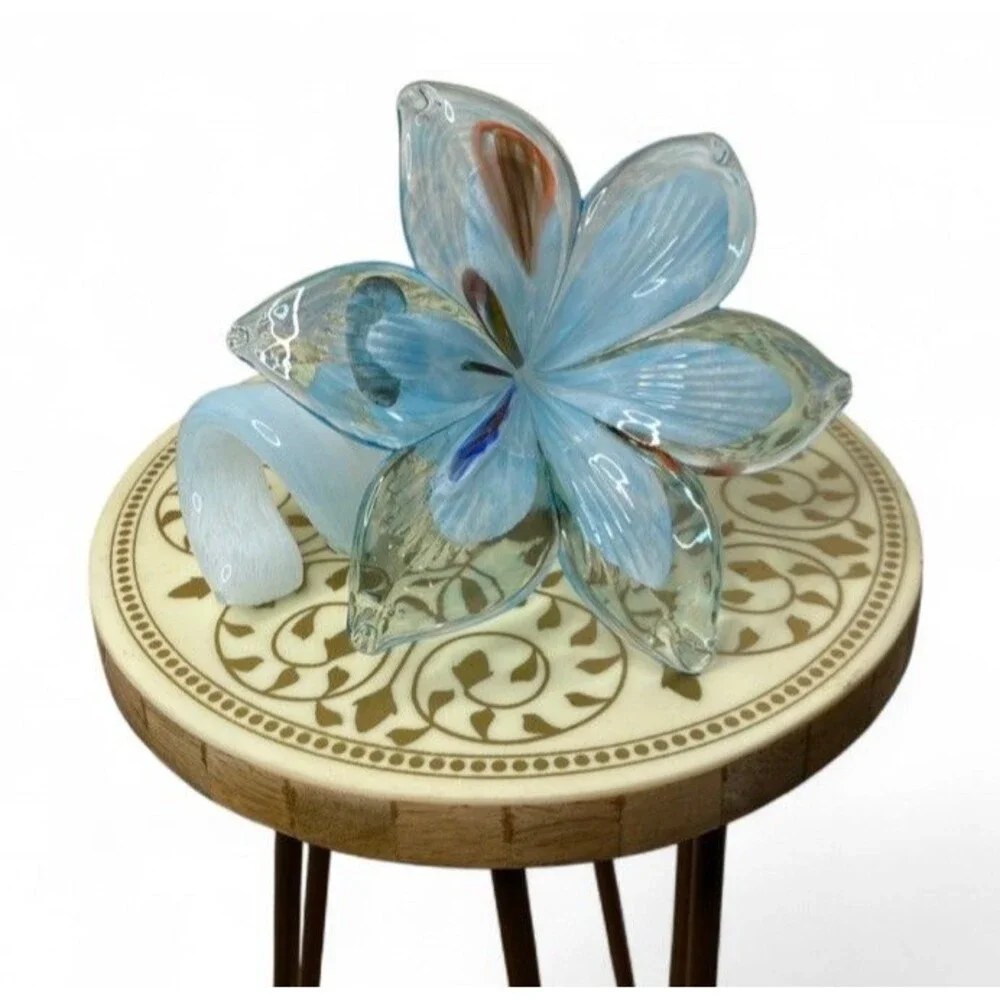 Murano Glass Hand Blown Blue Flower Twisted Stem 4” Italy Art Lily Floral